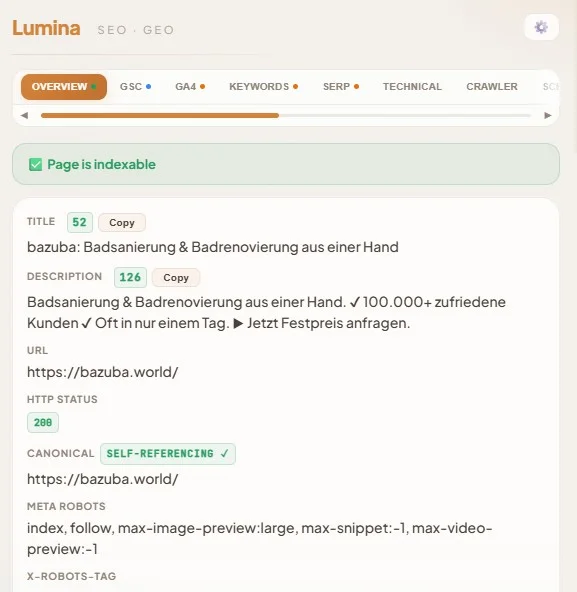 Lumina SEO Extension — Overview tab showing on-page SEO audit